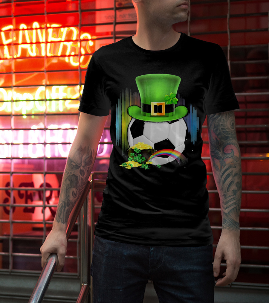 Soccer Ball Leprechaun Hat Pot Of Gold Rainbow Saint Patricks T-Shirt