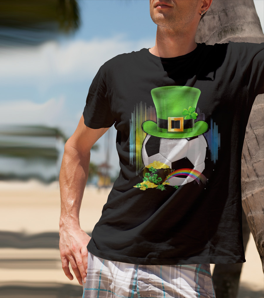 Soccer Ball Leprechaun Hat Pot Of Gold Rainbow Saint Patricks T-Shirt