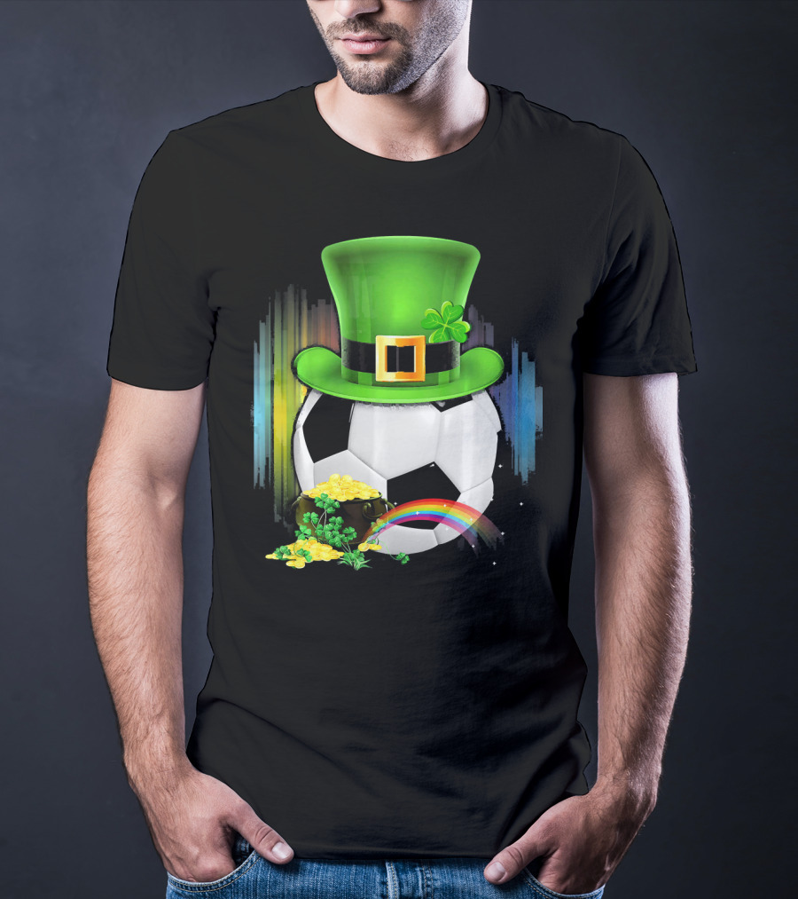 Soccer Ball Leprechaun Hat Pot Of Gold Rainbow Saint Patricks T-Shirt