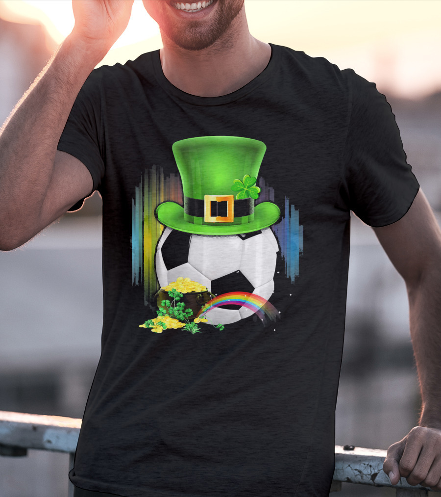 Soccer Ball Leprechaun Hat Pot Of Gold Rainbow Saint Patricks T-Shirt