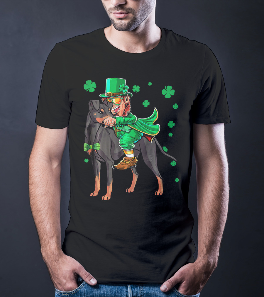 Leprechaun Riding Manchester Terrier With Shamrocks T-Shirt