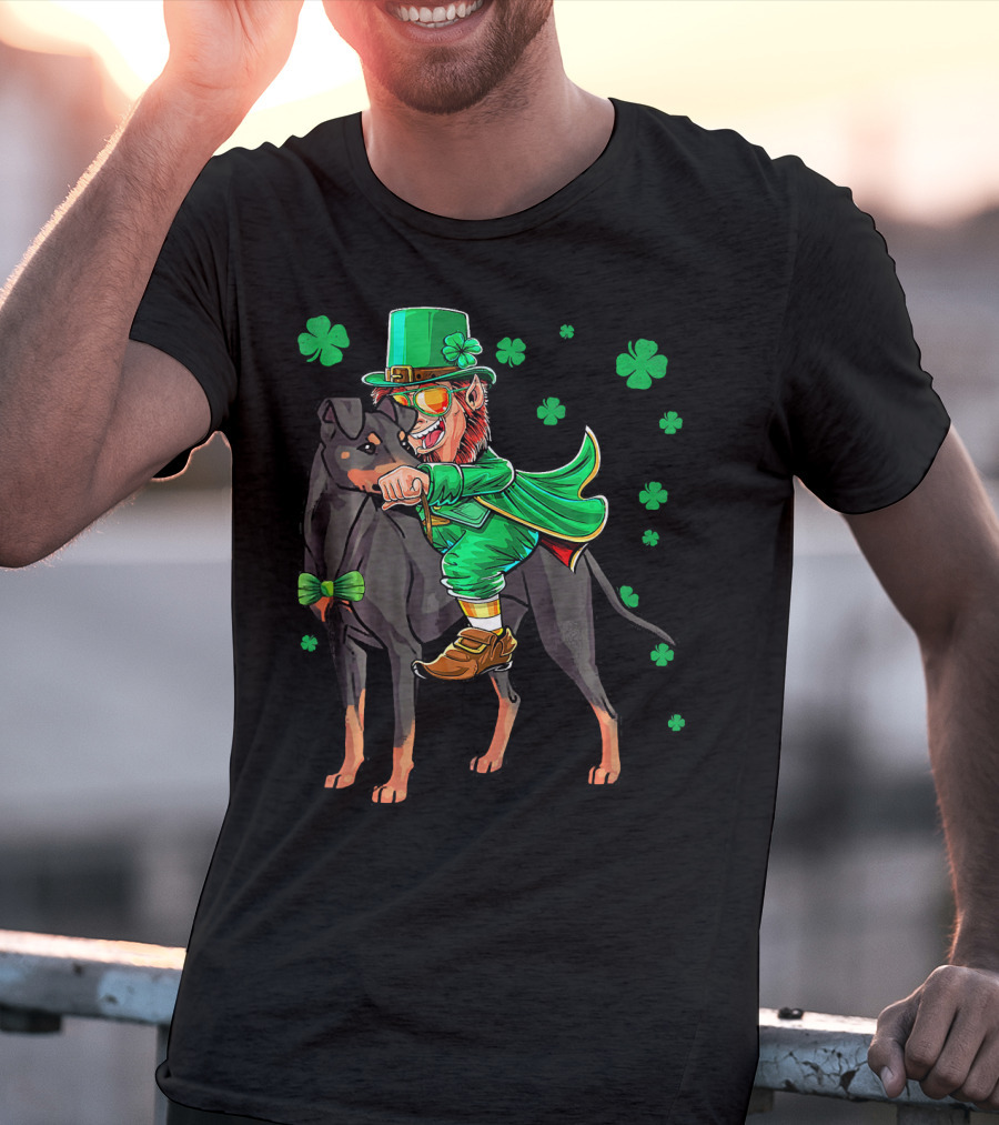 Leprechaun Riding Manchester Terrier With Shamrocks T-Shirt