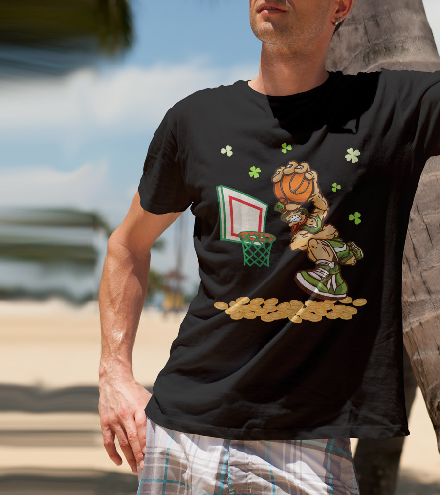 Leprechaun Dunking Basketball Surrounded By Shamrocks And Gold Coins T-Shirt