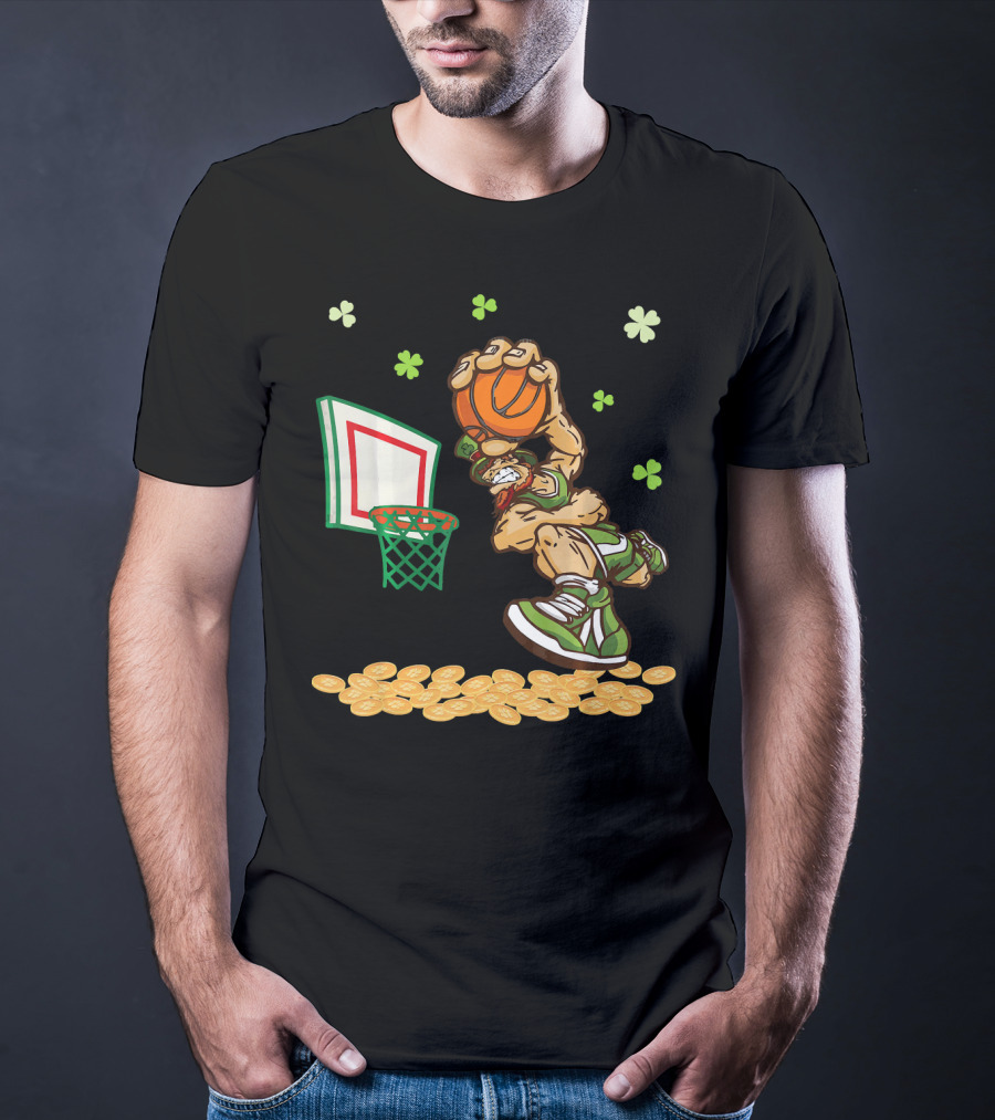 Leprechaun Dunking Basketball Surrounded By Shamrocks And Gold Coins T-Shirt