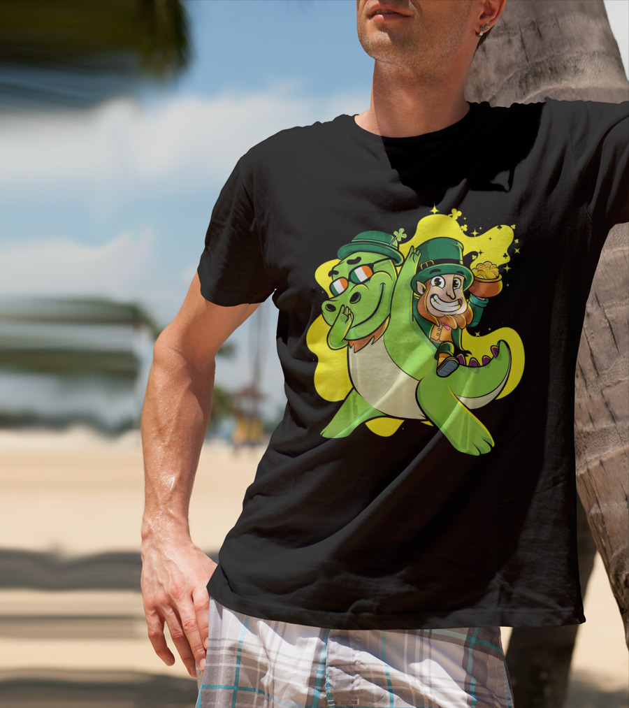 Dabbing Dinosaur And Leprechaun With Gold For St Patrick's Day T-Shirt
