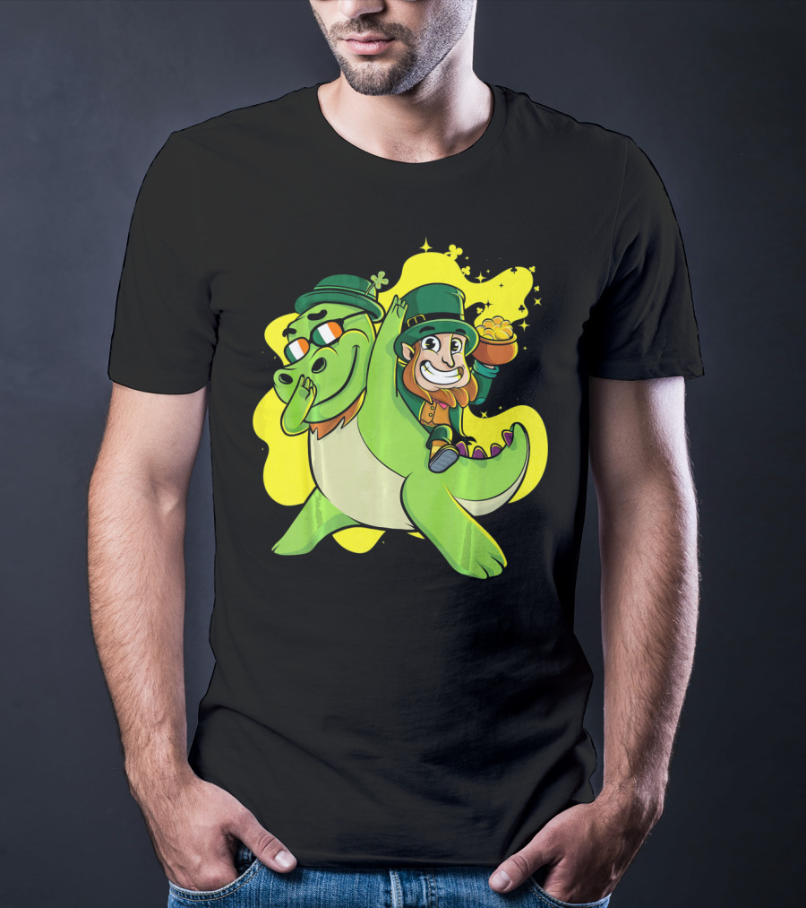 Dabbing Dinosaur And Leprechaun With Gold For St Patrick's Day T-Shirt