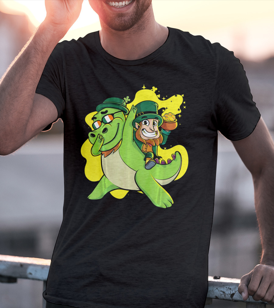 Dabbing Dinosaur And Leprechaun With Gold For St Patrick's Day T-Shirt