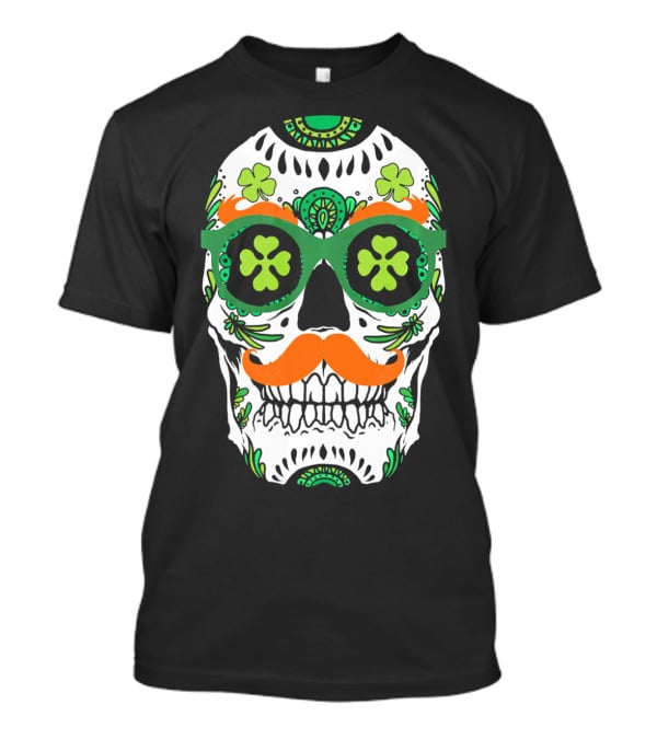 Sugar Skull Clover Mustache St. Patrick's Day T-Shirt