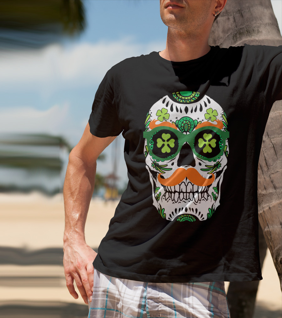 Sugar Skull Clover Mustache St. Patrick's Day T-Shirt