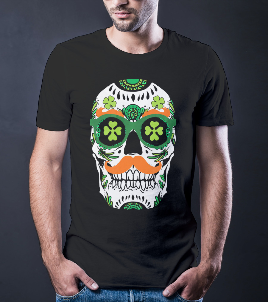 Sugar Skull Clover Mustache St. Patrick's Day T-Shirt