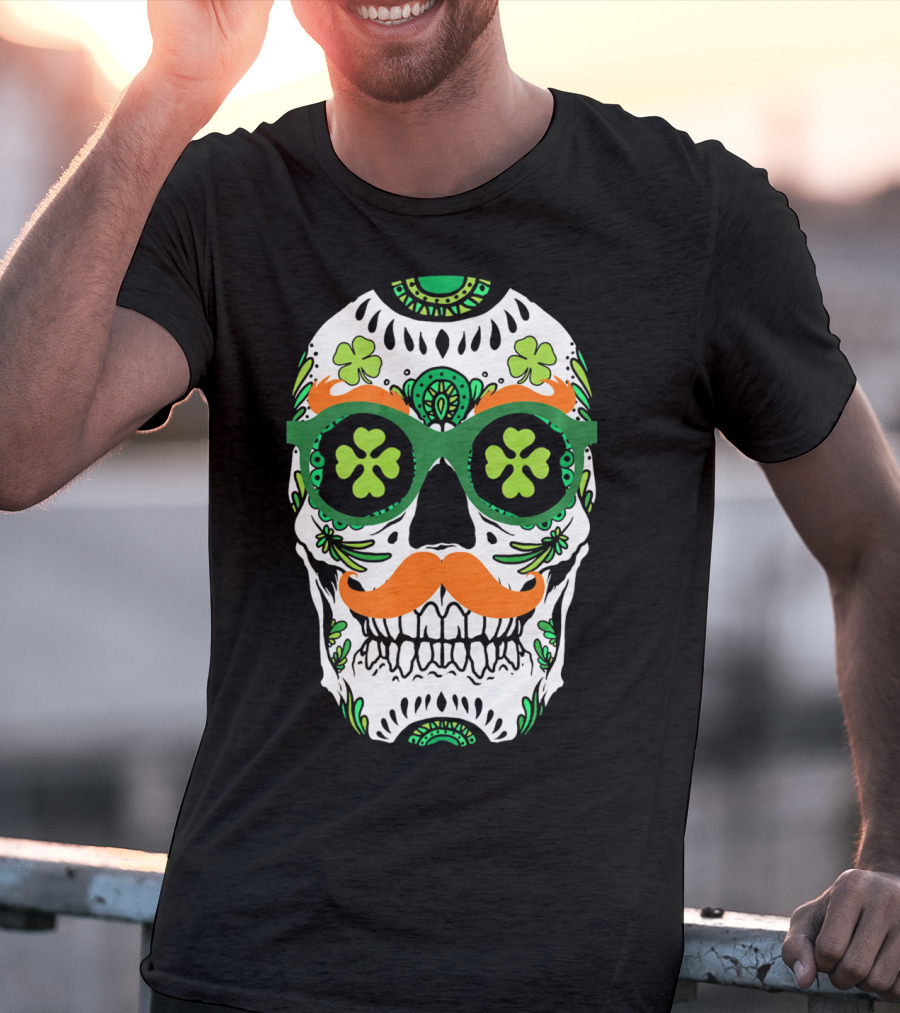 Sugar Skull Clover Mustache St. Patrick's Day T-Shirt
