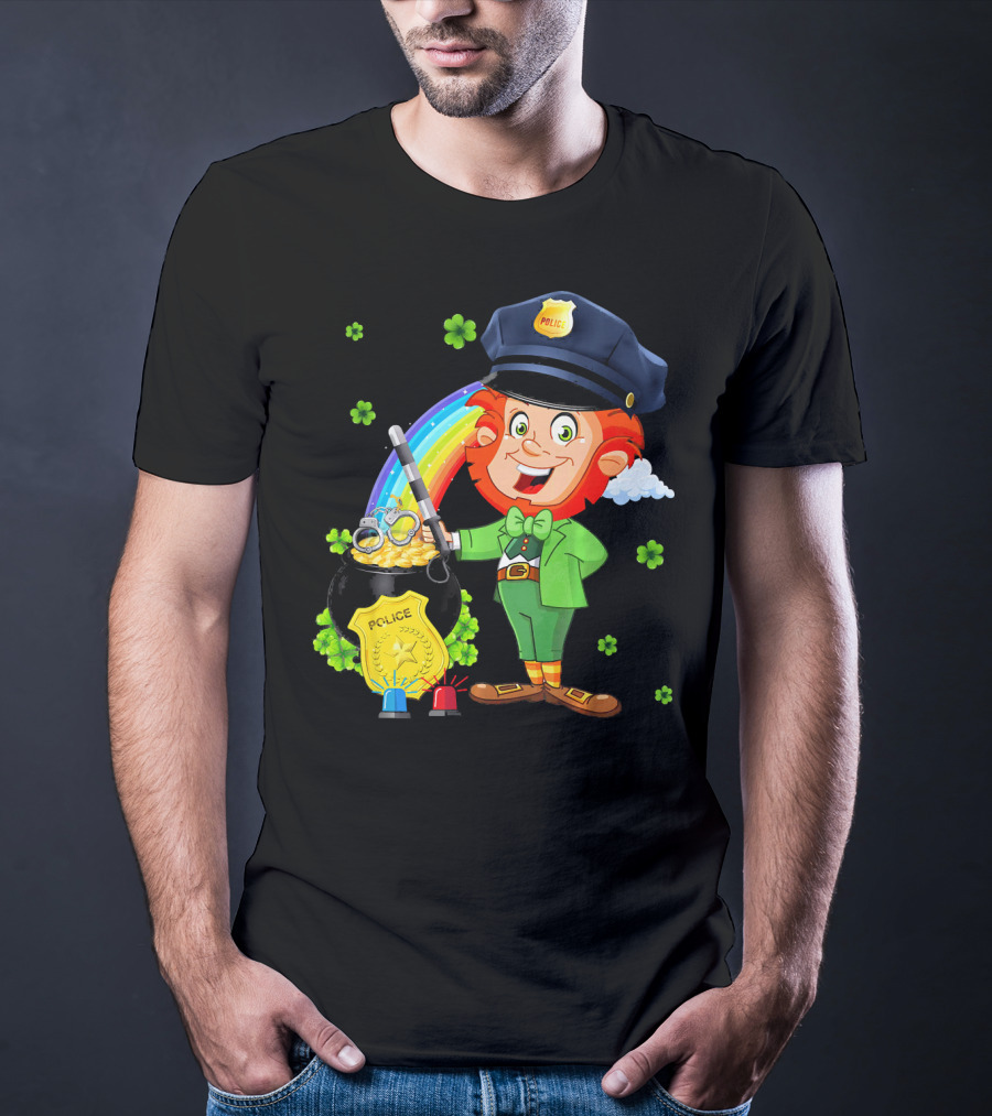 Police Leprechaun Pot Of Gold Rainbow Clover St. Patricks T-Shirt