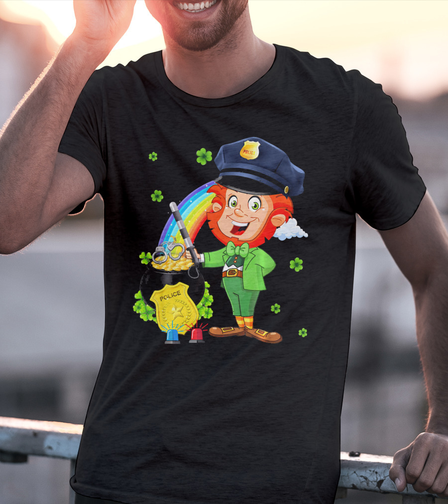 Police Leprechaun Pot Of Gold Rainbow Clover St. Patricks T-Shirt