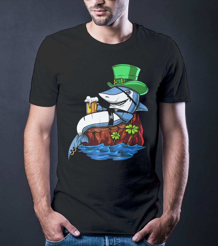 Leprechaun Shark Pirate St Patricks Beer Shamrock Rock T-Shirt