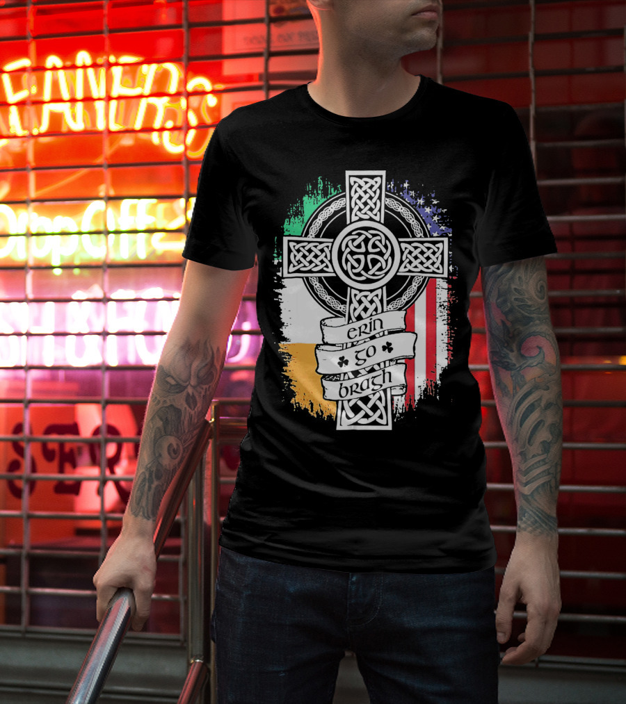 Erin Go Bragh Celtic Cross Irish American Flag T-Shirt