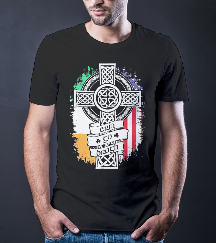 Erin Go Bragh Celtic Cross Irish American Flag T-Shirt