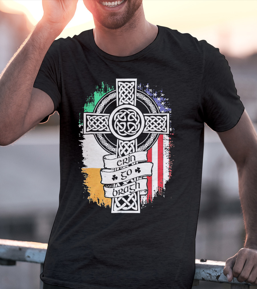 Erin Go Bragh Celtic Cross Irish American Flag T-Shirt