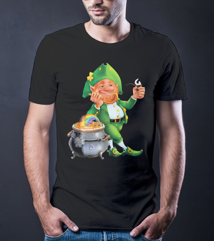 Cool Leprechaun With Rainbow And Gold Pot T-Shirt