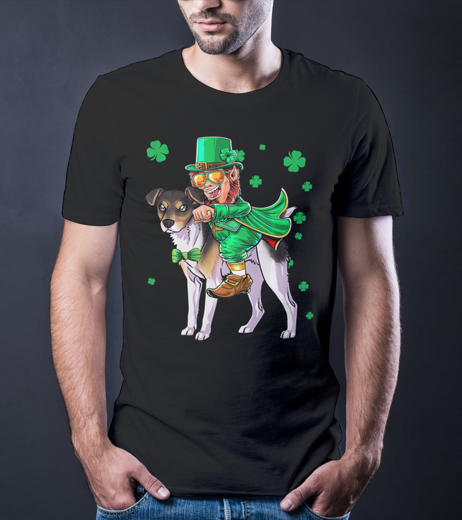Leprechaun Riding Rat Terrier With Shamrock Pattern St Patrick's Day T-Shirt
