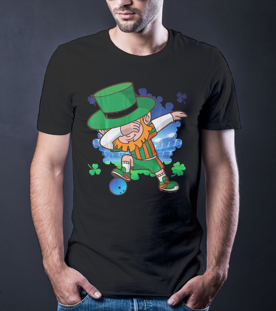 Leprechaun Dabbing Bowling With Clover Accents T-Shirt