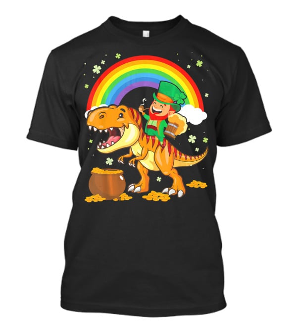 Leprechaun Drinking Beer Riding Dinosaur Under Rainbow With Pot Of Gold T-Shirt