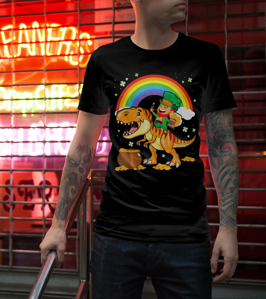 Leprechaun Drinking Beer Riding Dinosaur Under Rainbow With Pot Of Gold T-Shirt