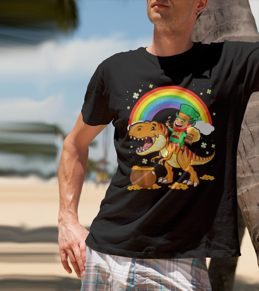 Leprechaun Drinking Beer Riding Dinosaur Under Rainbow With Pot Of Gold T-Shirt