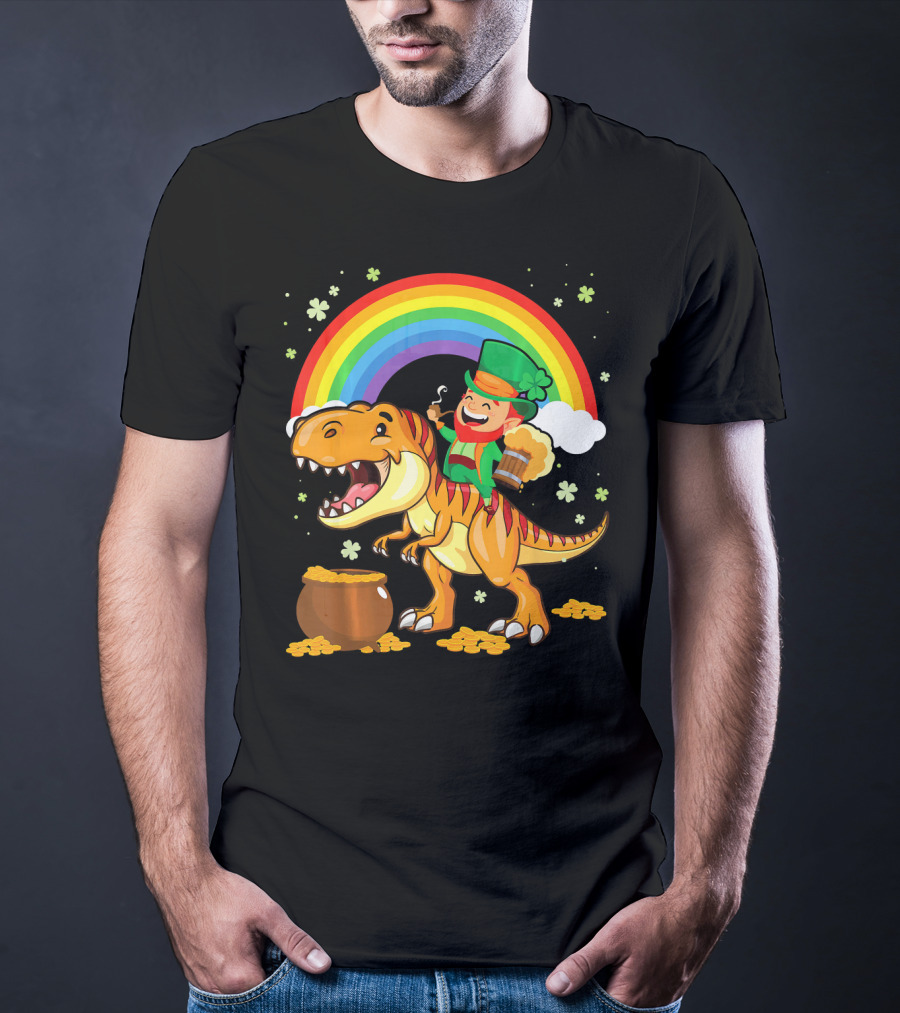 Leprechaun Drinking Beer Riding Dinosaur Under Rainbow With Pot Of Gold T-Shirt