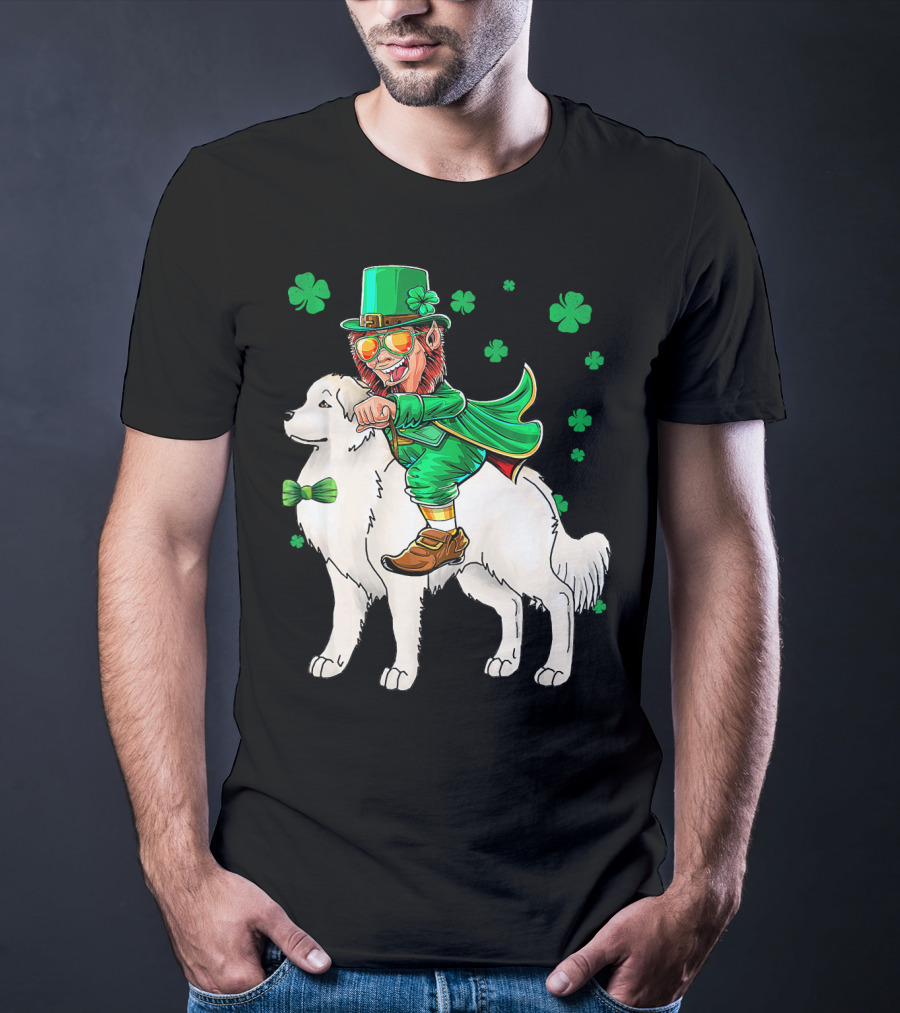 Great Pyrenees Leprechaun Riding Shamrock T-Shirt