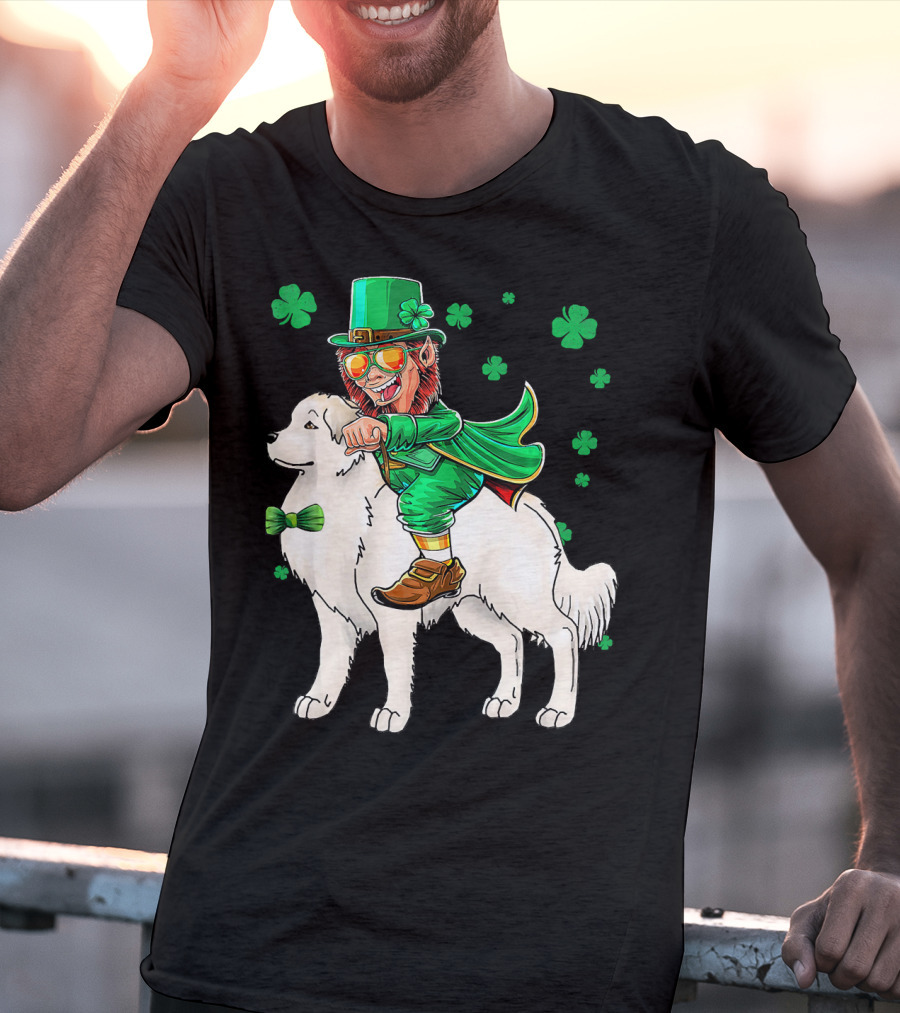 Great Pyrenees Leprechaun Riding Shamrock T-Shirt