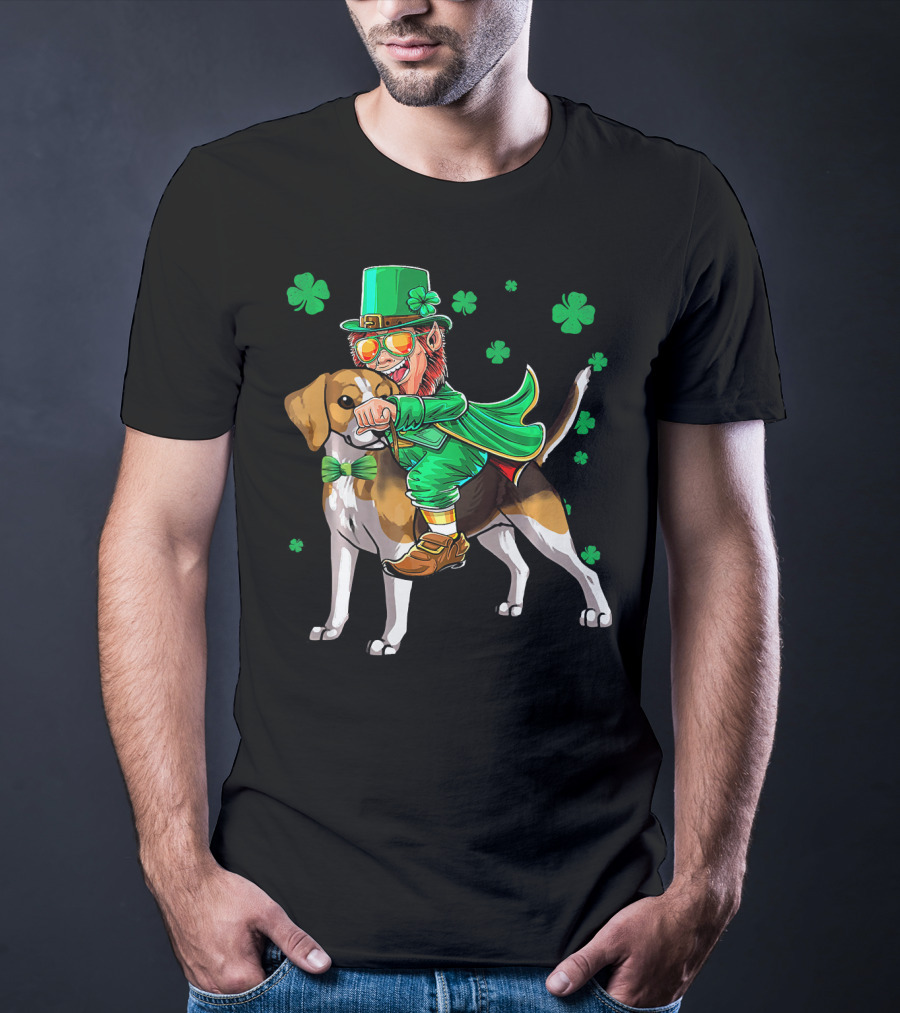 Leprechaun Riding Beagle With Shamrocks For St. Patrick's Day T-Shirt