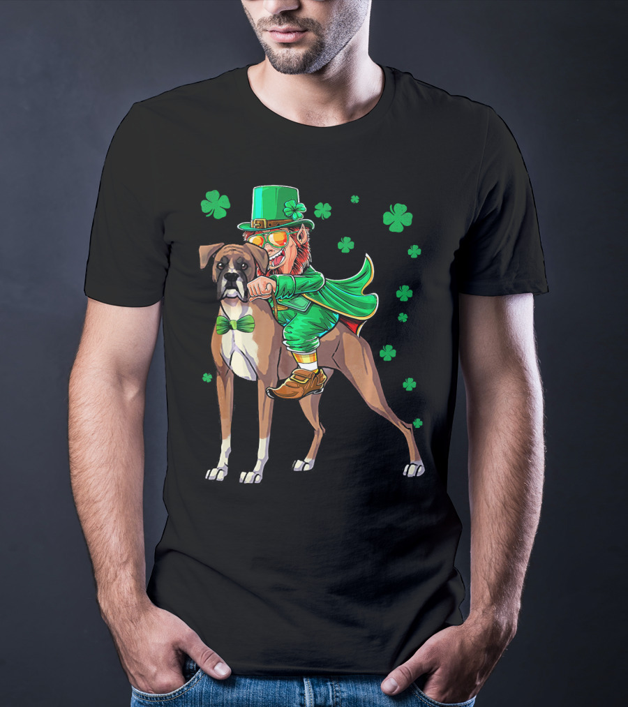 Leprechaun Riding Boxer Dog With Shamrocks St. Patrick's Day T-Shirt