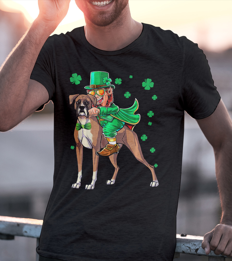 Leprechaun Riding Boxer Dog With Shamrocks St. Patrick's Day T-Shirt