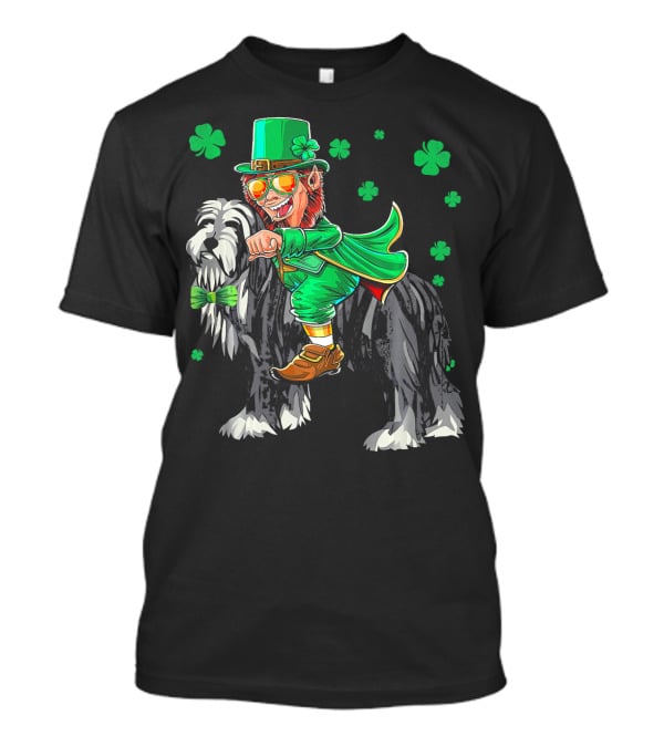 Leprechaun Riding Bearded Collie With Shamrocks T-Shirt