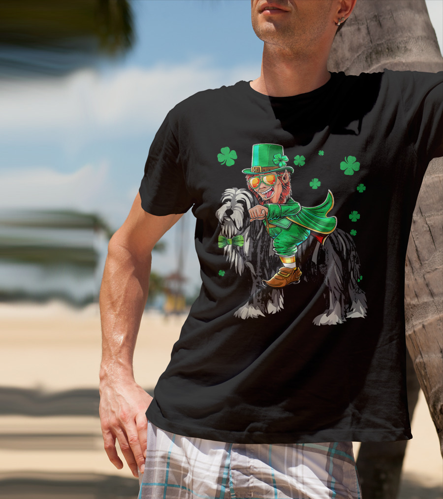 Leprechaun Riding Bearded Collie With Shamrocks T-Shirt