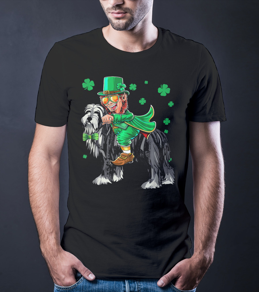 Leprechaun Riding Bearded Collie With Shamrocks T-Shirt