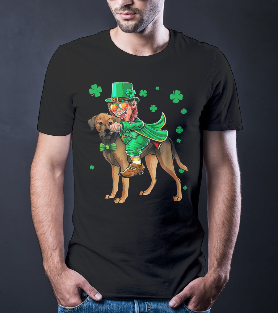 Leprechaun Riding Border Terrier With Shamrocks T-Shirt