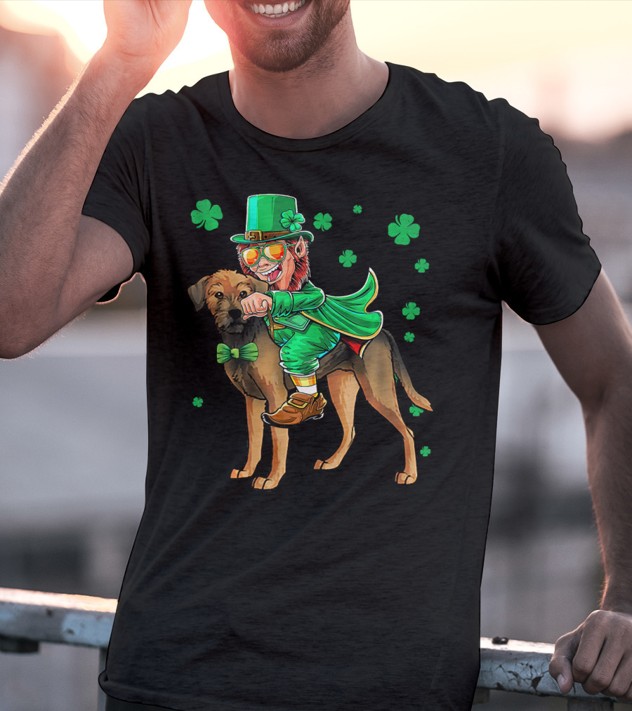 Leprechaun Riding Border Terrier With Shamrocks T-Shirt