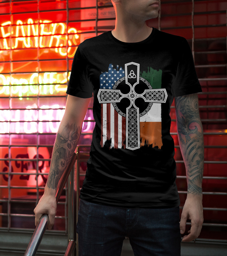 American Irish Flag Celtic Cross With Triquetra T-Shirt