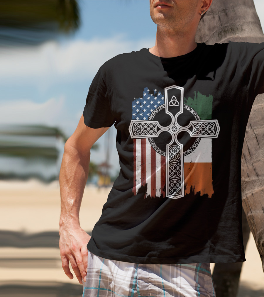 American Irish Flag Celtic Cross With Triquetra T-Shirt
