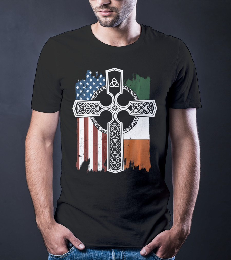 American Irish Flag Celtic Cross With Triquetra T-Shirt