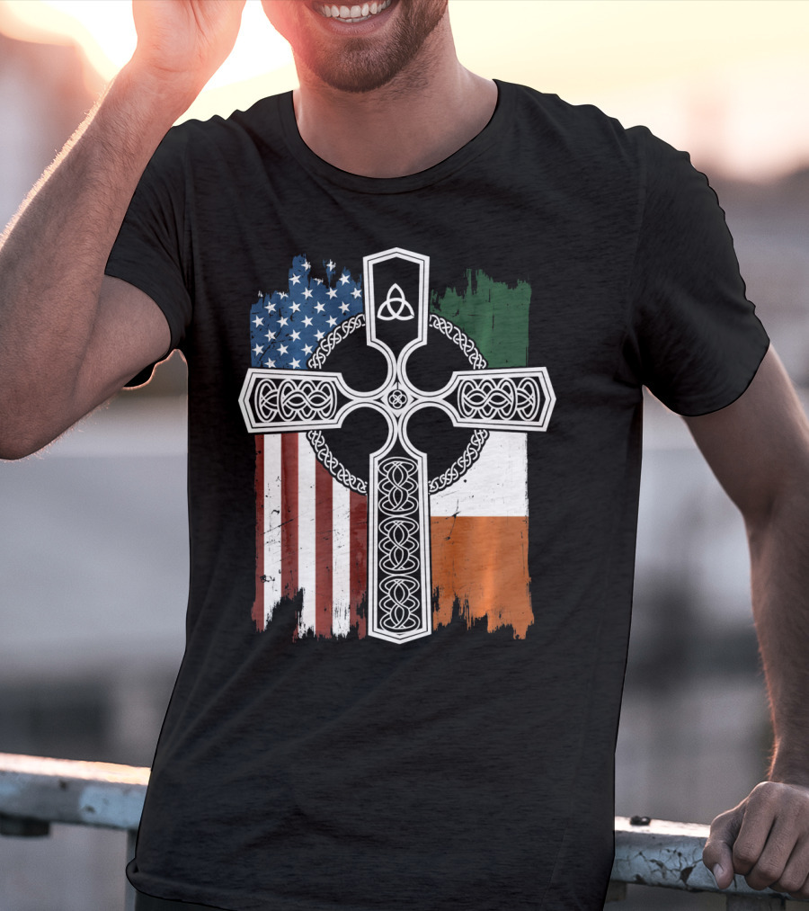 American Irish Flag Celtic Cross With Triquetra T-Shirt