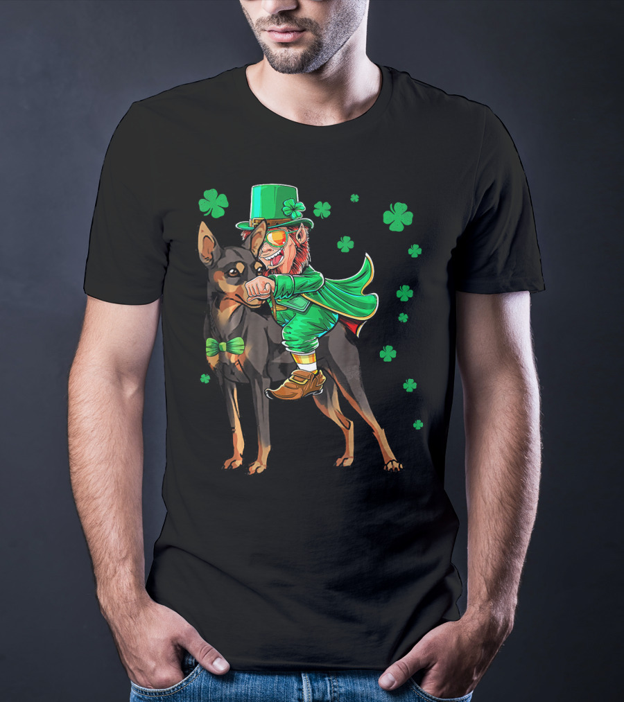 Leprechaun Miniature Pinscher Riding Shamrock Adventure T-Shirt