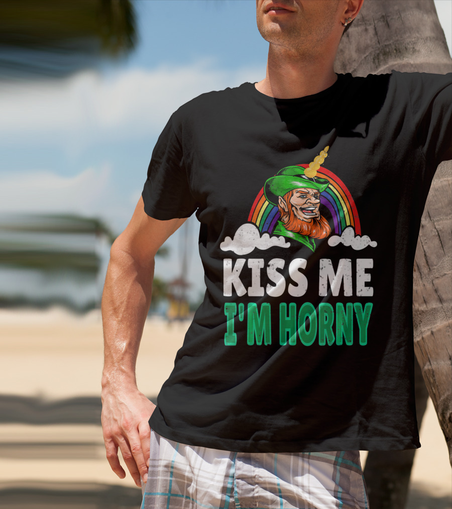 Kiss Me I'm Horny St Patricks Day Lepricorn Rainbow T-Shirt