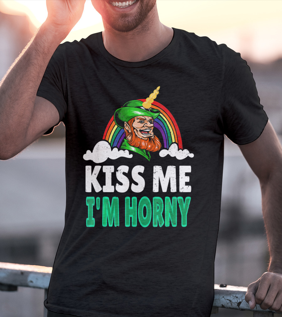 Kiss Me I'm Horny St Patricks Day Lepricorn Rainbow T-Shirt