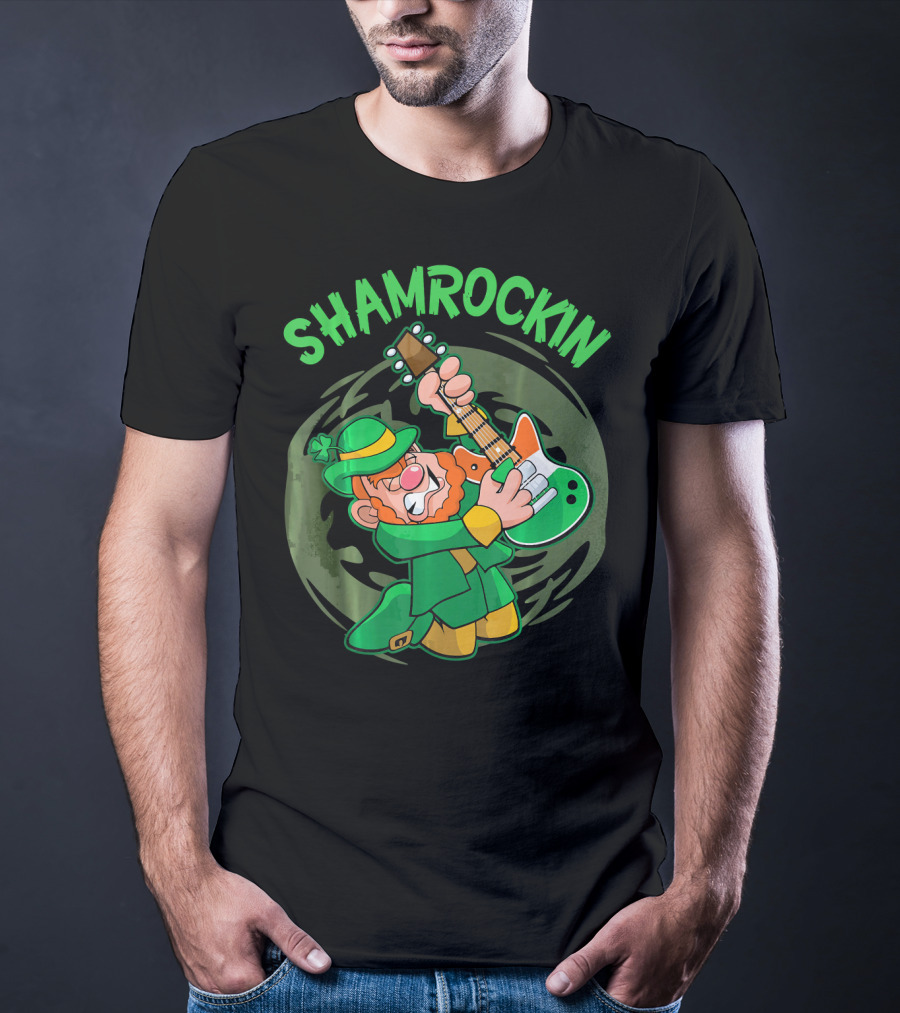 Shamrockin Leprechaun Playing Guitar In Green T-Shirt