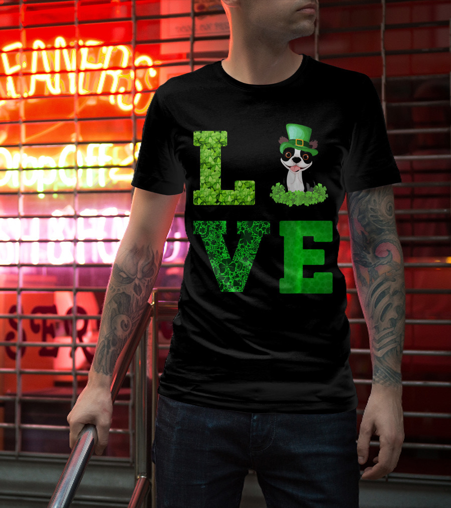 Love Boston Terrier St Patricks Day Clover Hat T-Shirt