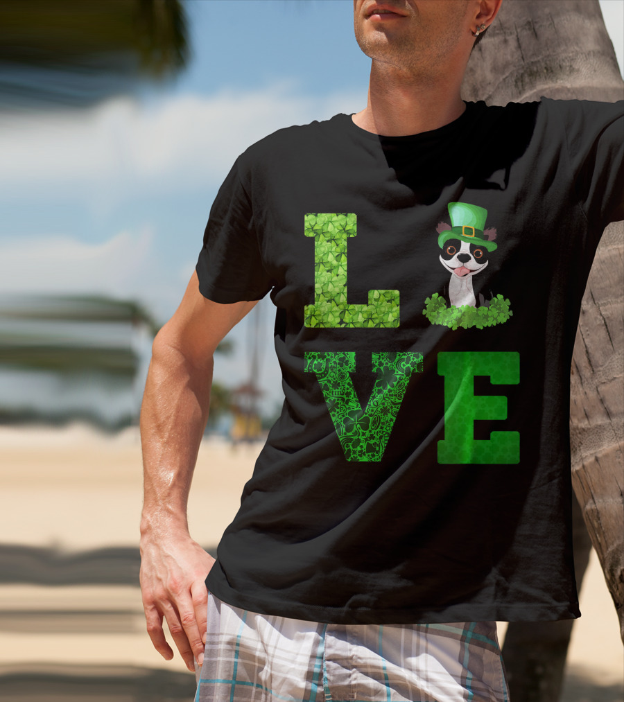 Love Boston Terrier St Patricks Day Clover Hat T-Shirt
