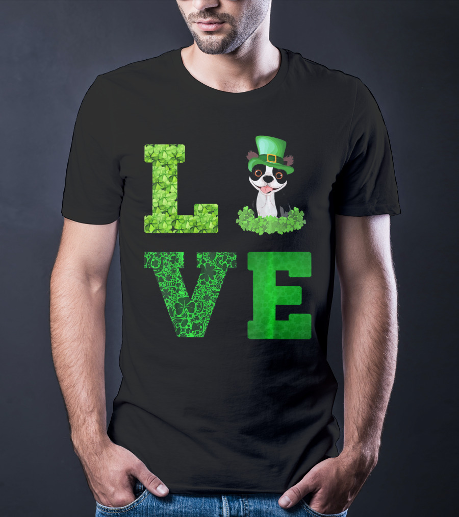 Love Boston Terrier St Patricks Day Clover Hat T-Shirt