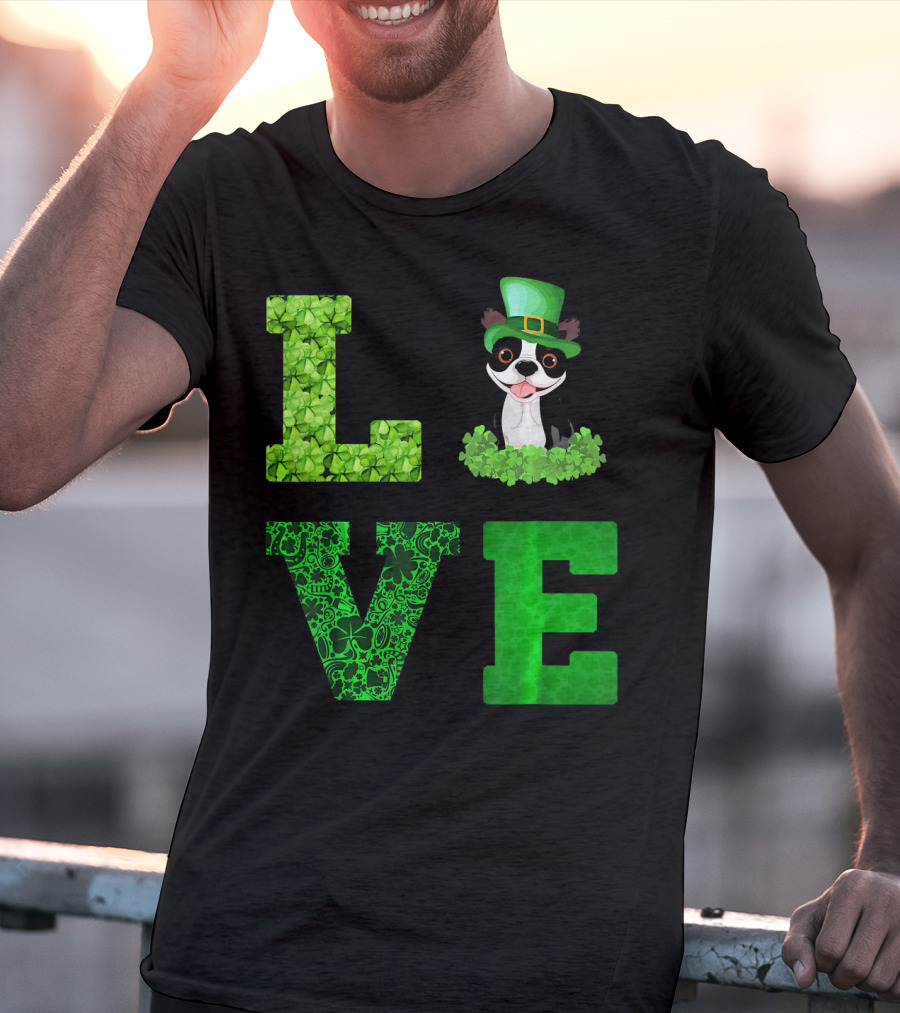 Love Boston Terrier St Patricks Day Clover Hat T-Shirt
